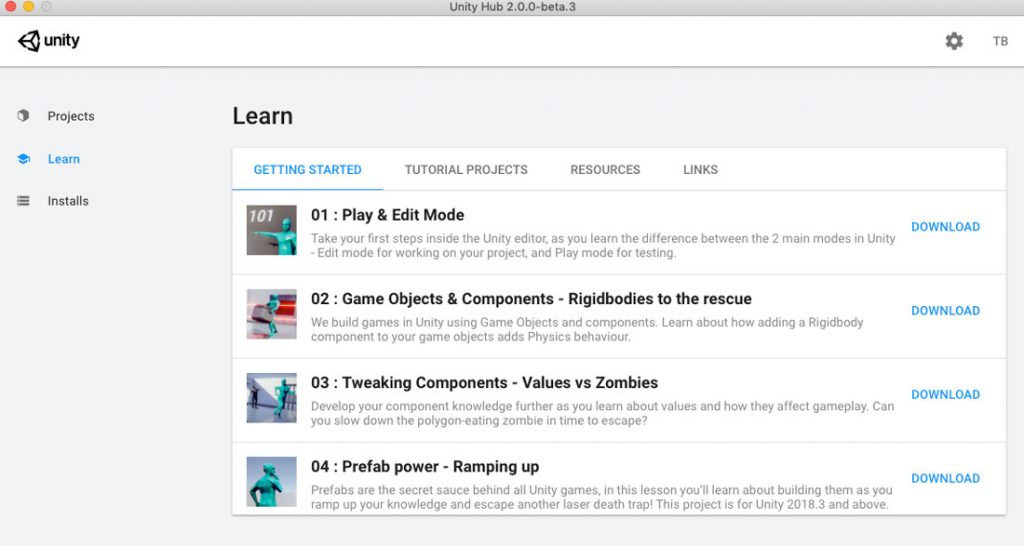 New Unity Hub Learn Tab